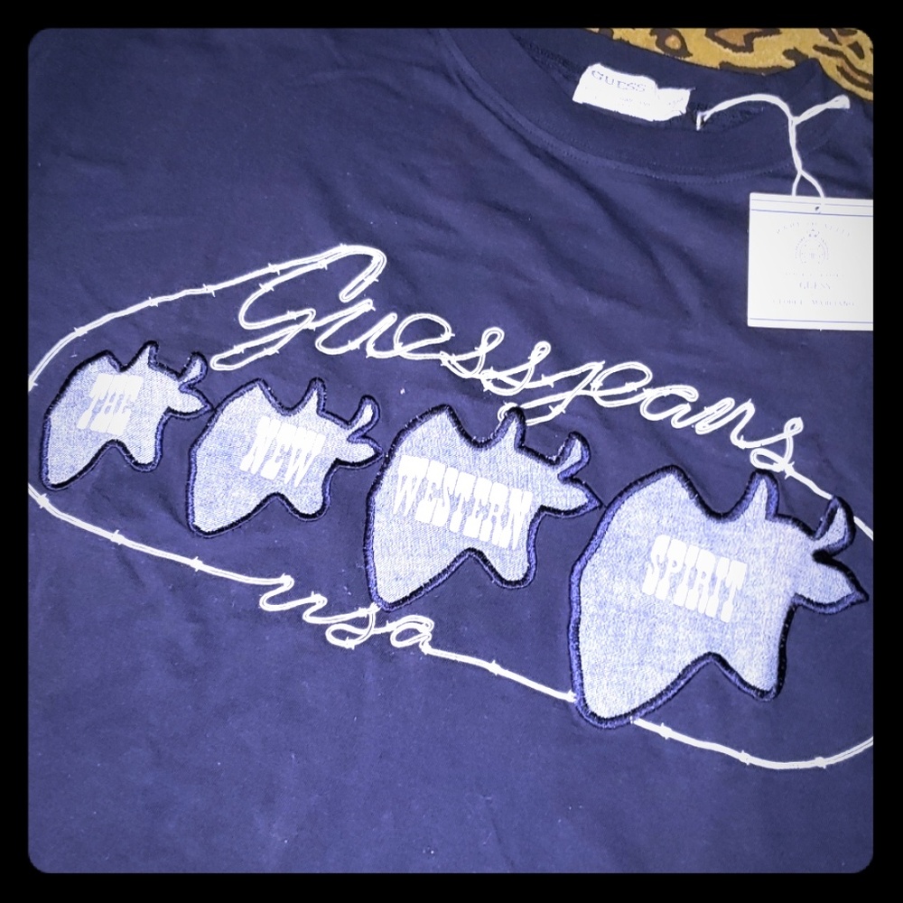 Guess by Marciano Navy Long Sleeve Tee w/ Light Blue Appliqué 🐄 Western Cowgirl